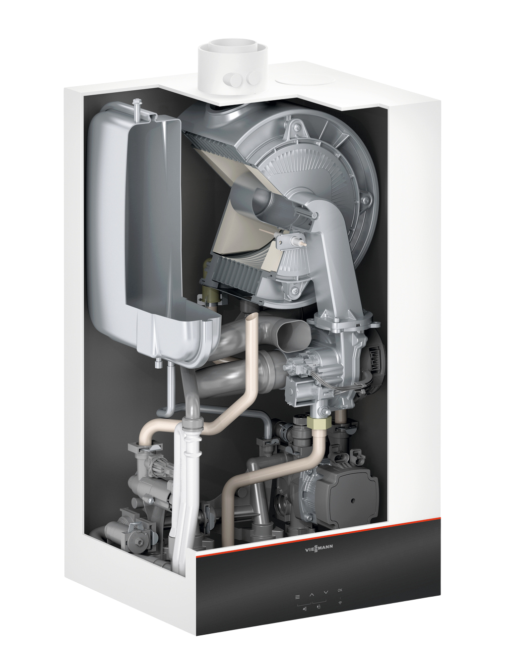 Cutaway view of a Viessmann Vitodens boiler showing the stainless steel heat exchanger and internal components