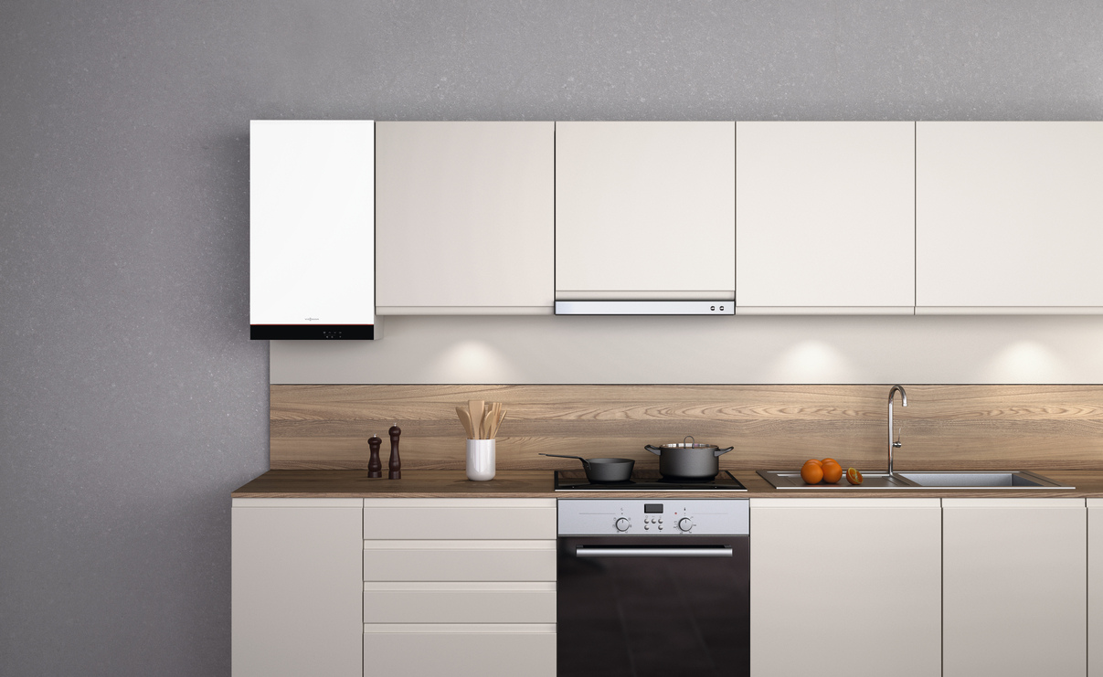 Viessmann Vitodens boiler wall mounted in a modern fitted kitchen