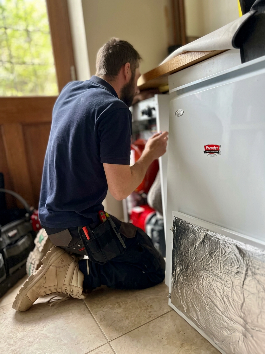 Premier Heating engineer Chris commissioning the new Grant oil boiler in Chieveley.